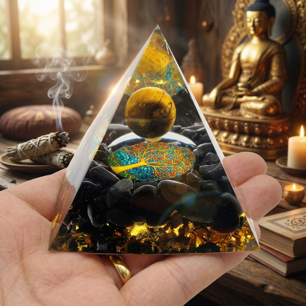 ✨ Pyramide d'Orgone Arbre de Vie Oeil de Tigre et Obsidienne ✨💎