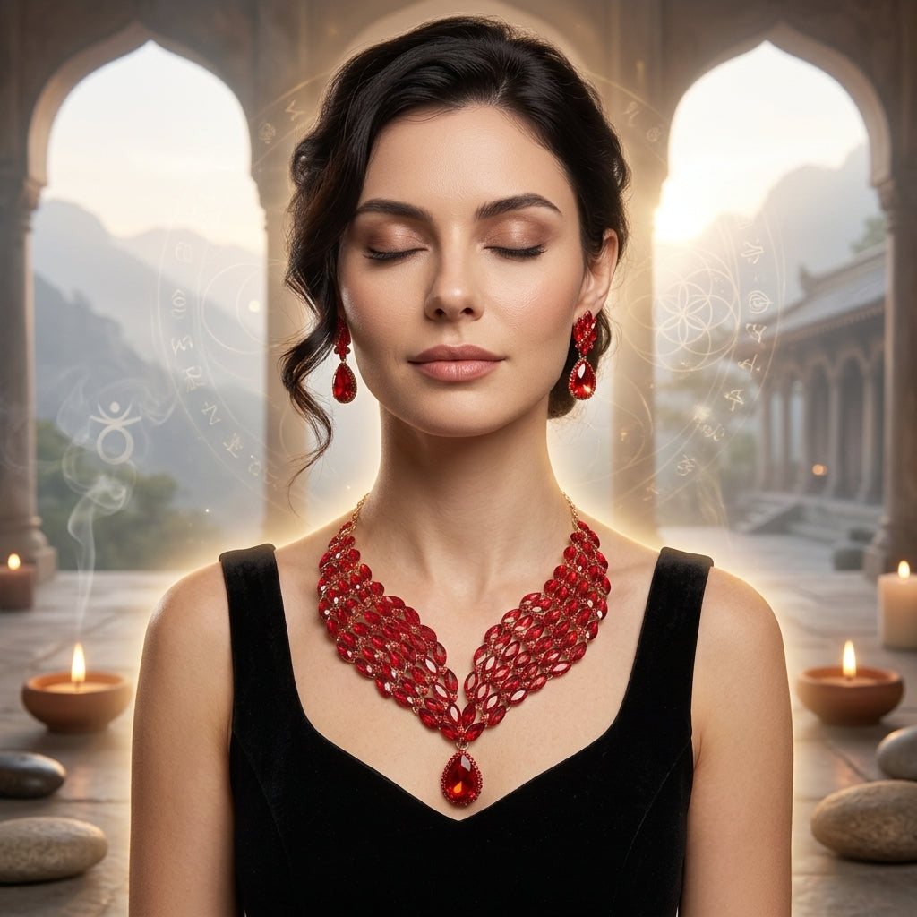 👑 Royal Crimson Crystal Statement Necklace & Earrings Set 👑❤️‍🔥