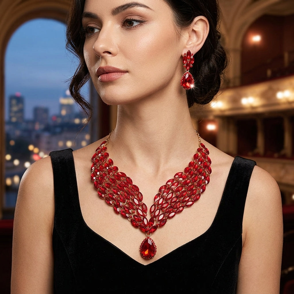 👑 Royal Crimson Crystal Statement Necklace & Earrings Set 👑❤️‍🔥