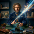 Man in a blue robe holding a mystical bottle with energy effects in a scholarly setting.