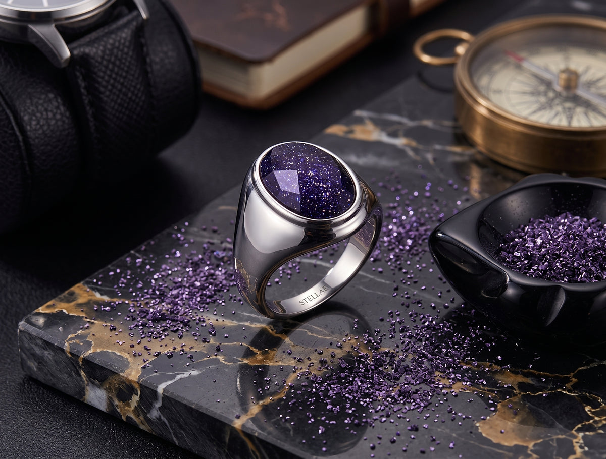 Bague Homme en Acier Titane Premium avec Pierre Précieuse Sable Violet 🌌